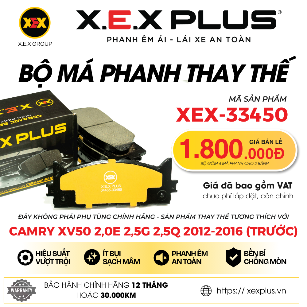 BỘ MÁ PHANH TRƯỚC THAY THẾ TƯƠNG THÍCH VỚI TOYOTA CAMRY XV50 2,0E 2,5G 2,5Q (2012-2016) – X.E.X PLUS